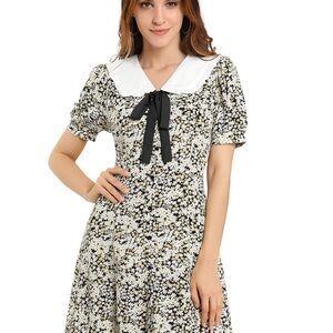 Floral Black and White Dress with Bow Detail